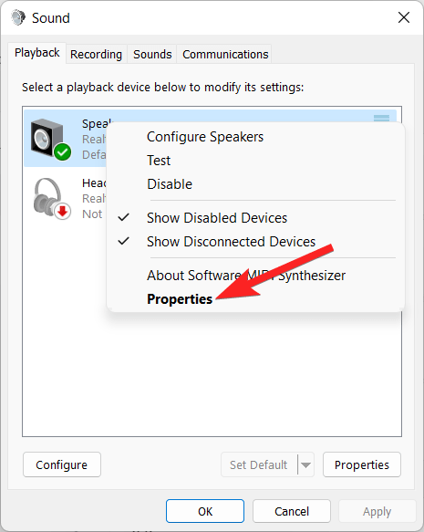 Adjust Audio Balance in Windows 11: Balance Left / Right Sound 7 Select Properties option from the context menu