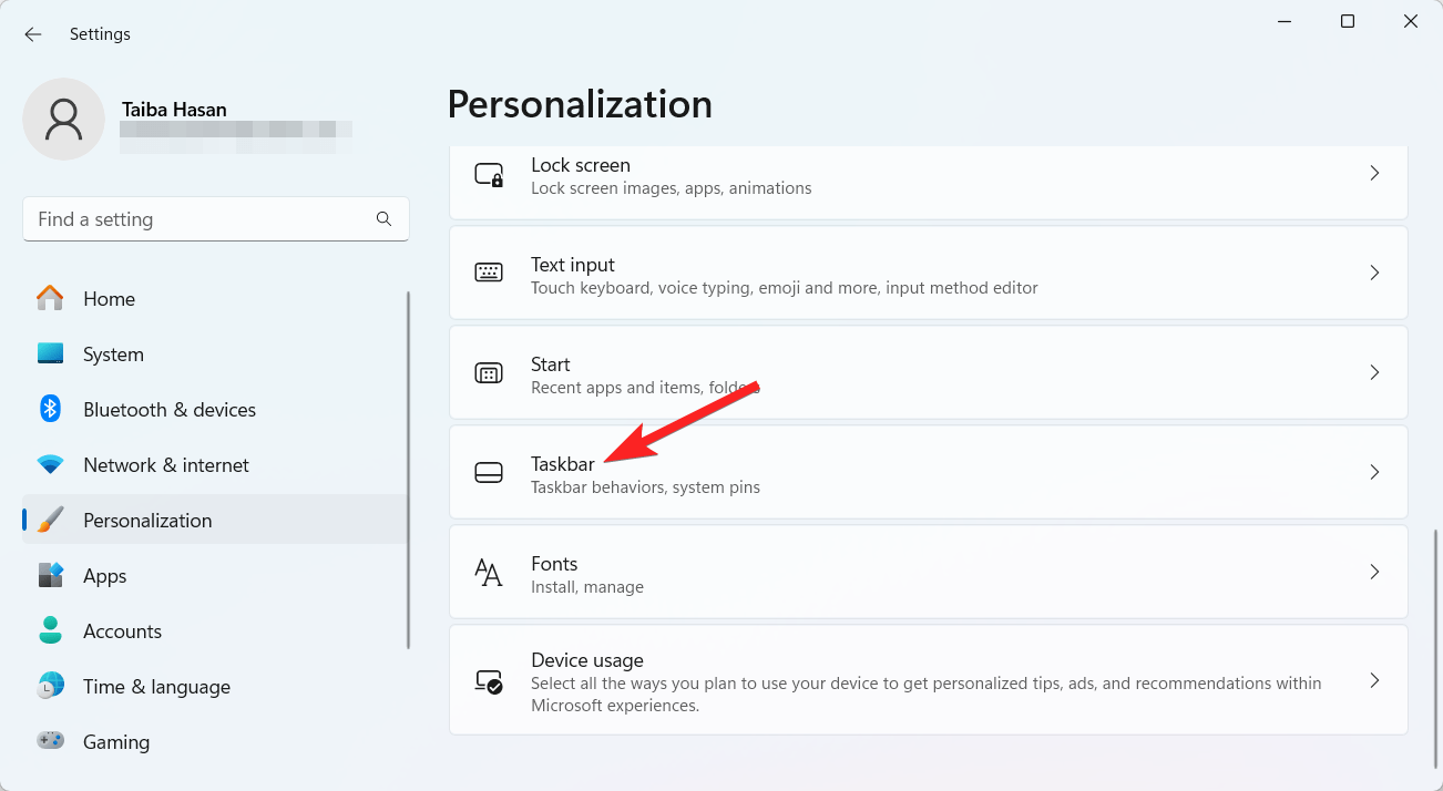 Select Taskbar from the right section