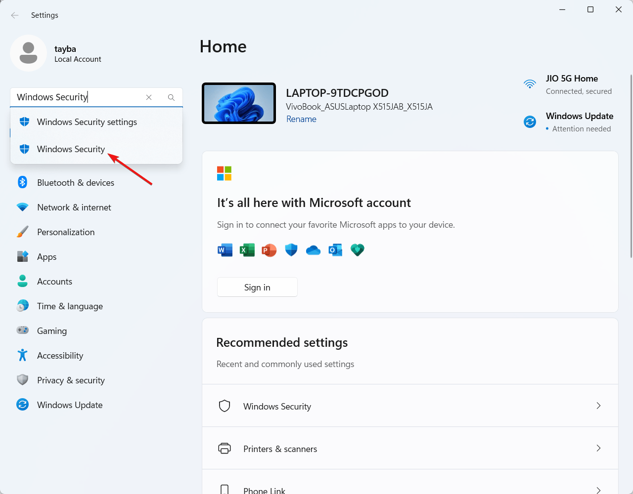 Select Windows Security from the results section