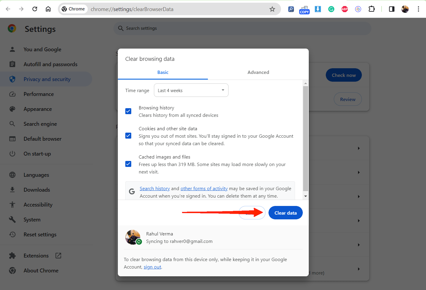 Select all the three options and click on the Clear data button.