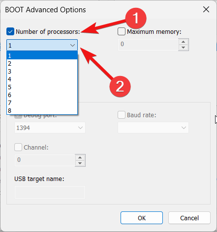 Select number of processors from Boot advanced options window