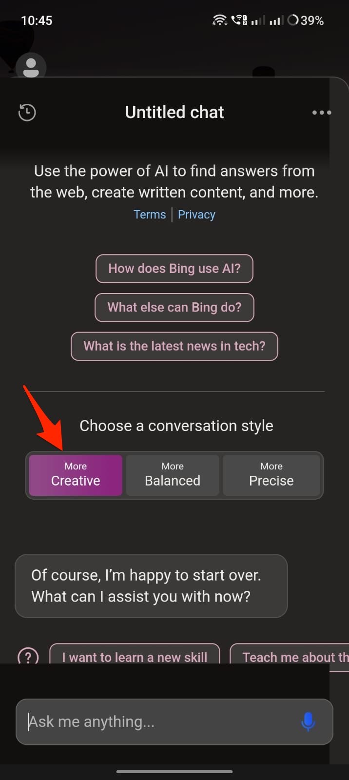Select Creative on Bing Chat
