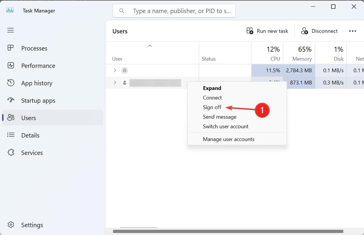 Sign off users from task manager