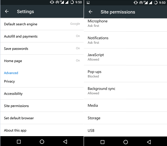 Speed Up your Microsoft Edge Browser for Android 2 Site Permissions Settings in Edge for Android