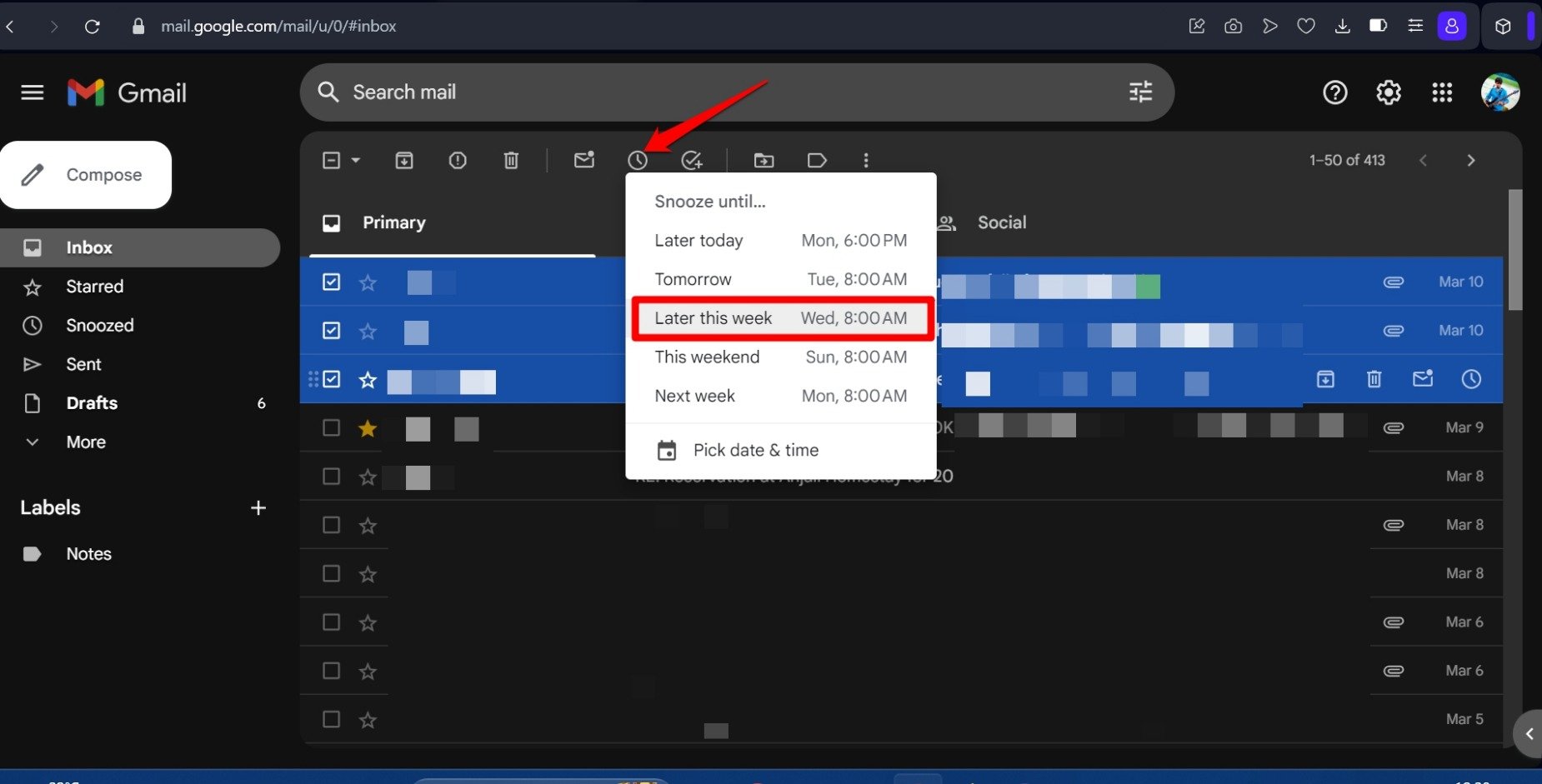 Snooze email on Gmail web