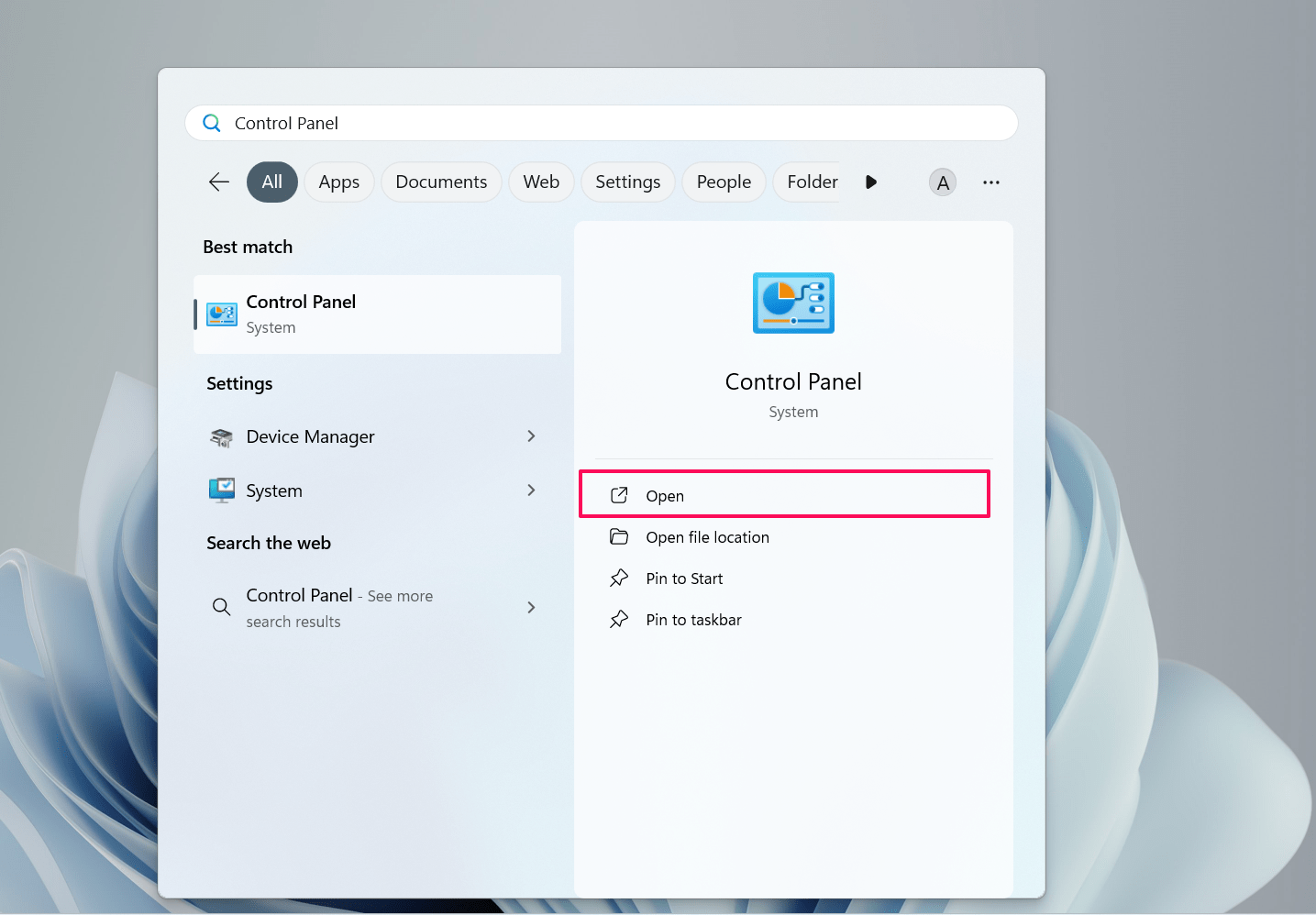 Search for Control Panel and click Open