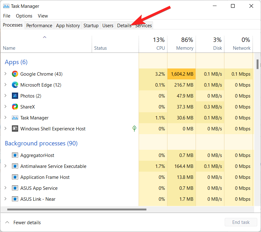 How to Setup and Use Power Throttling in Windows 11? 3 Switch to the details tab of Task Manager