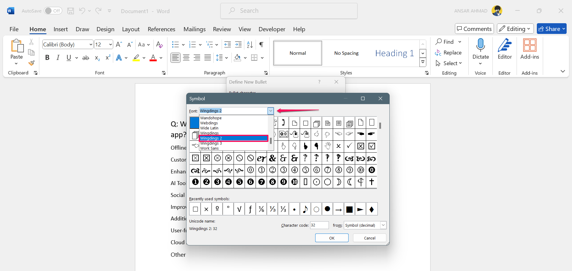 How to Add Checkboxes to Word Document 10 Select Wingdings 2 fonts from the lists