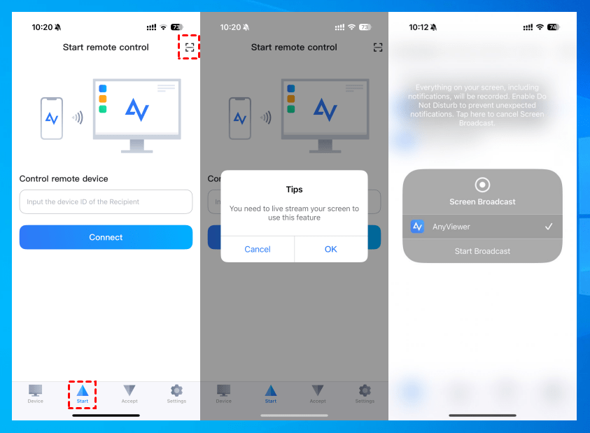 How to Screen Cast iPhone to Windows 11? 4 Tap OK to confirm the connection, then hit Start Broadcast