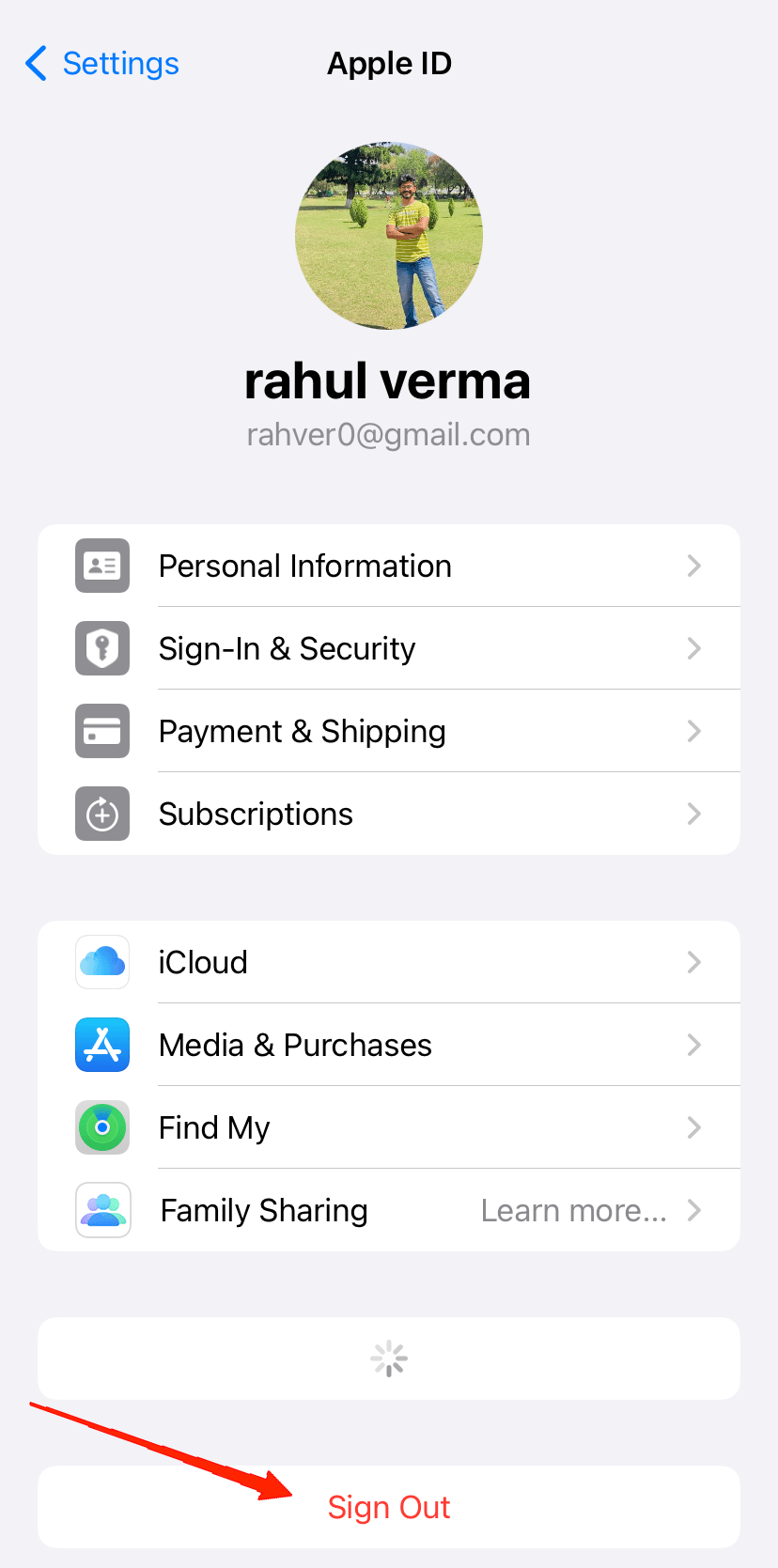 Tap on Sign Out. This will sign you out of your Apple ID.