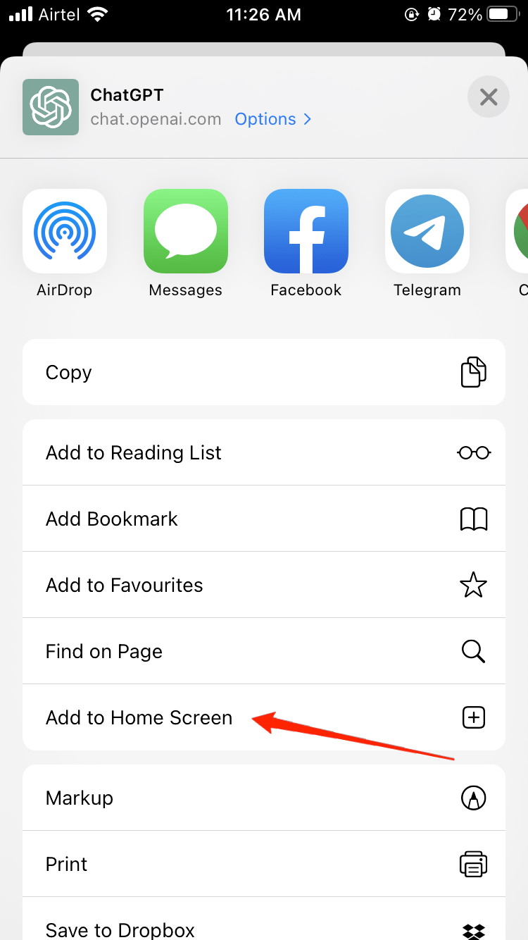 How to Install ChatGPT as an App on iPhone? 5 Tap on the Add to Home Screen tab from the lis