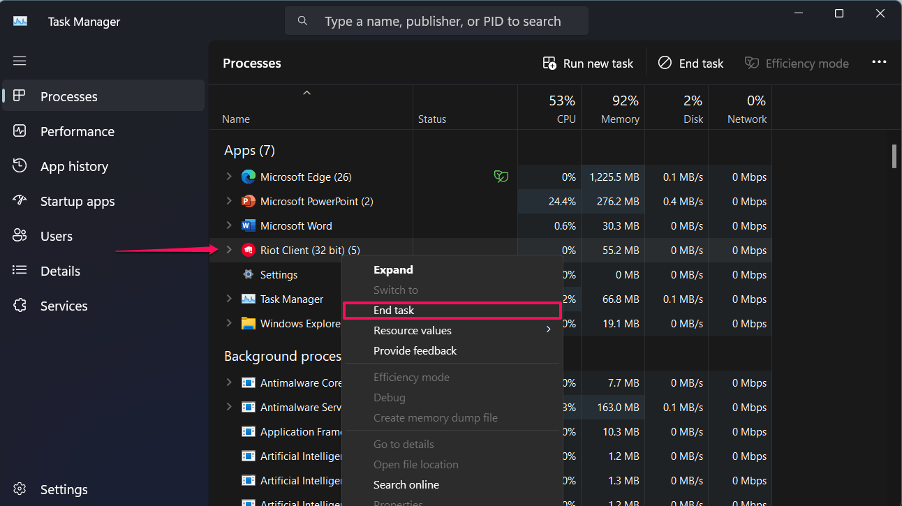 Choose League of Legends and click End Task
