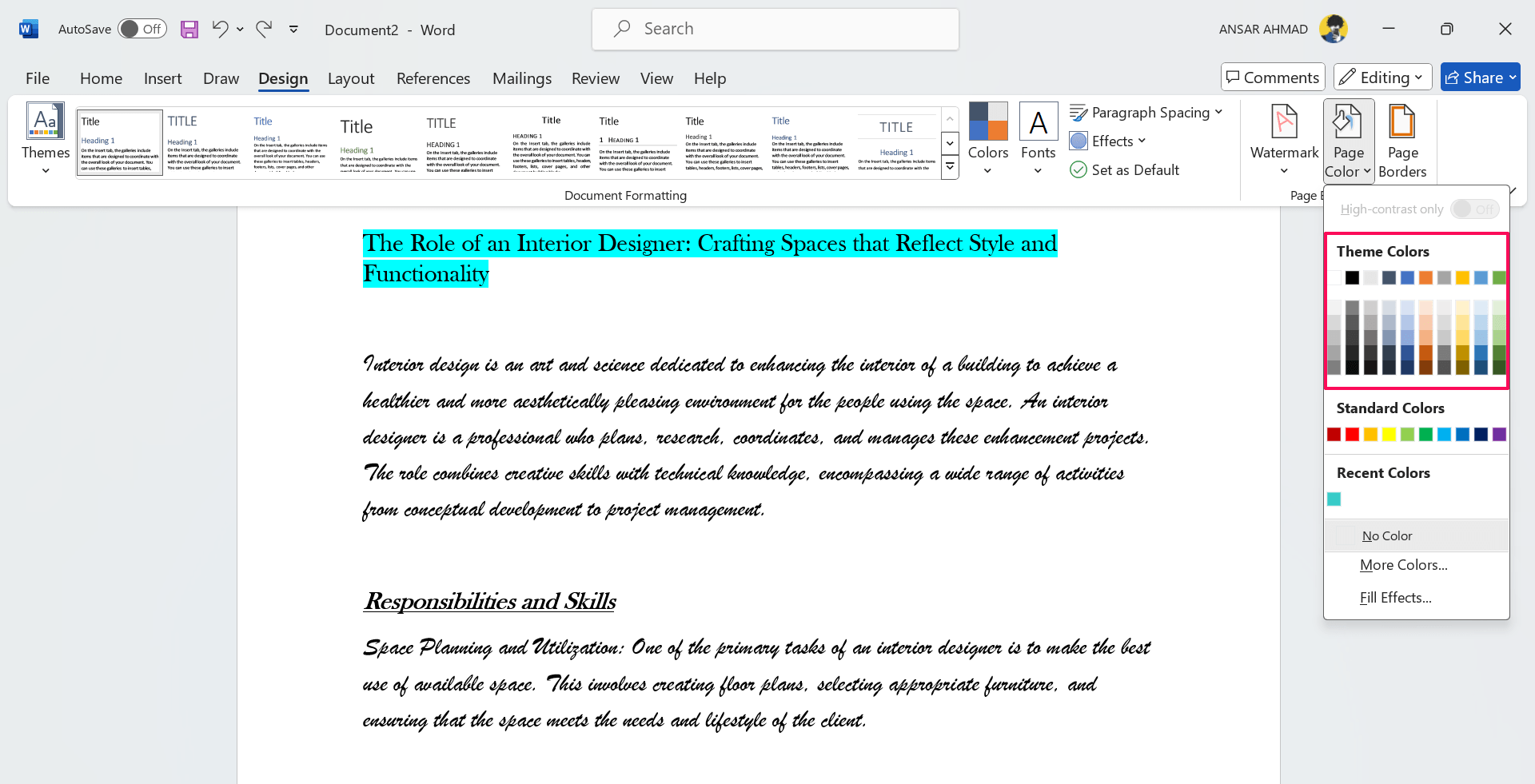How to Add a Background in Microsoft Word 3 Choose the color from the Theme color