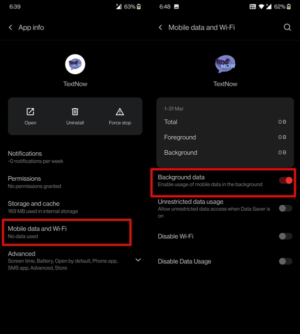 Fix TextNow “An Error has Occurred” Problem 2 Turn ON backgroud Data
