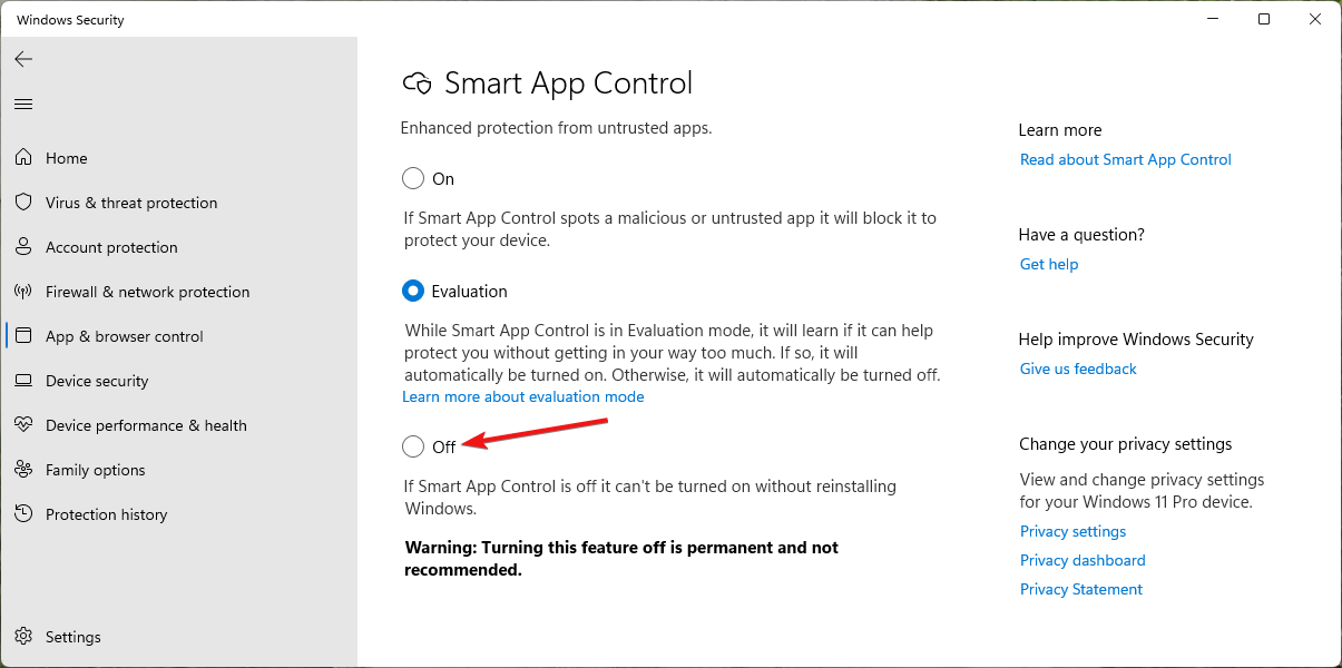 Turn off Smart App Control
