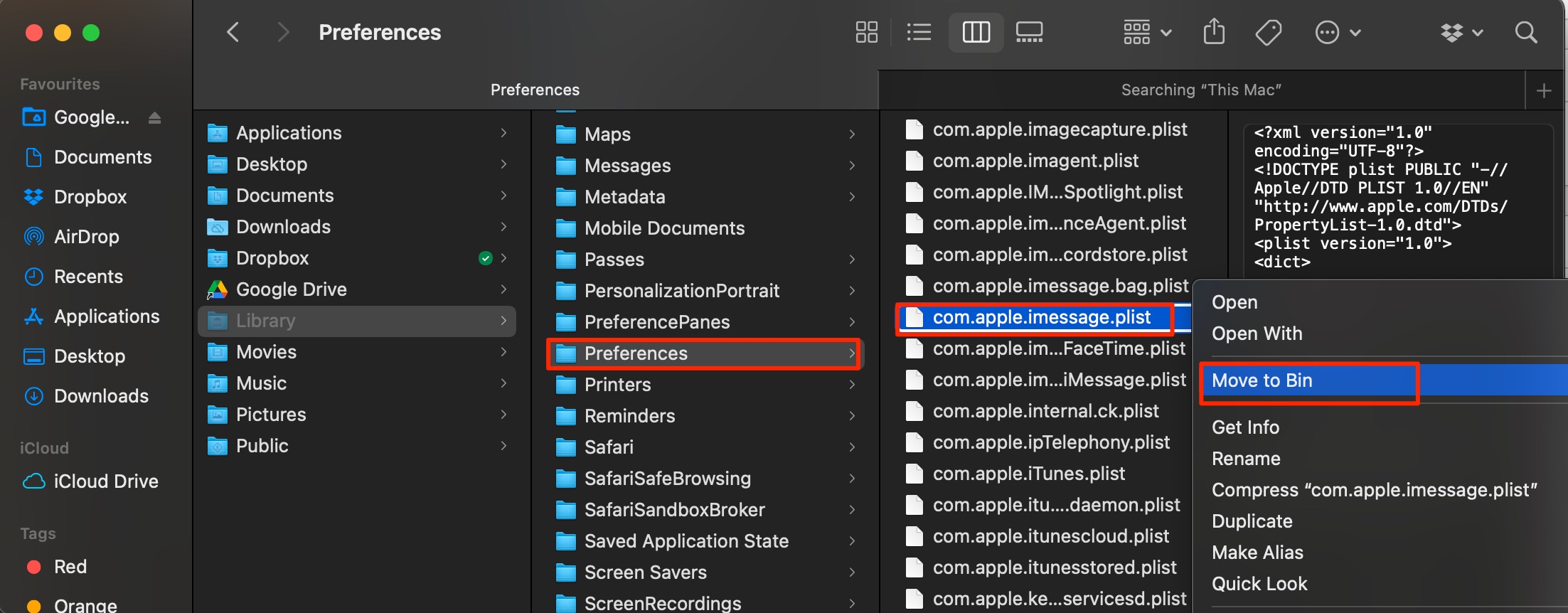 How to Fix MacBook Not Sending Messages on iMessage? 8 Two-finger tap plist file and move it to Bin