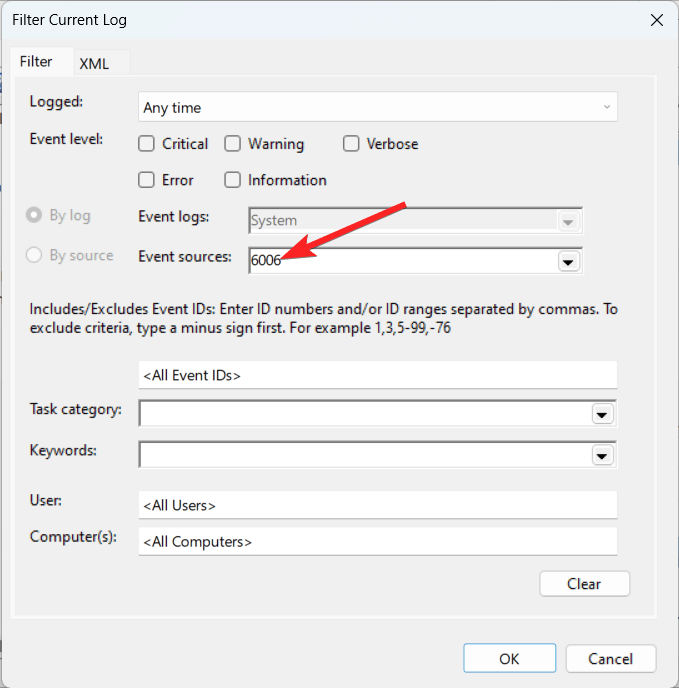 Type 6006 in Event sources field
