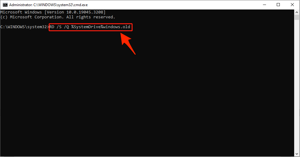 Type RD /S /Q %SystemDrive%windows.old and hit Enter