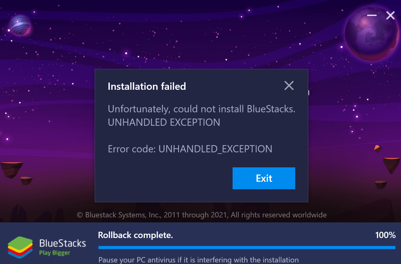 UNhandled Exception Installation Failed