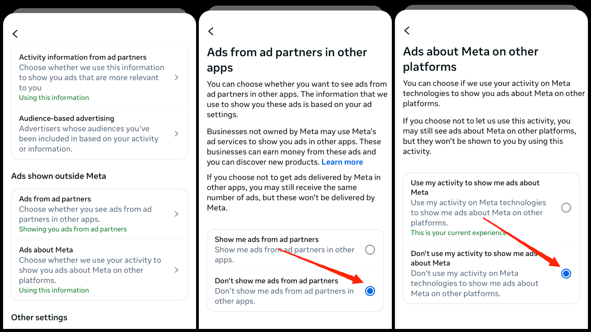 How to Block Ads on WhatsApp? 3 Under Ad Settings, turn off: "Ads based on data from partners" & "Ads based on your activity on Meta Company Products" option.