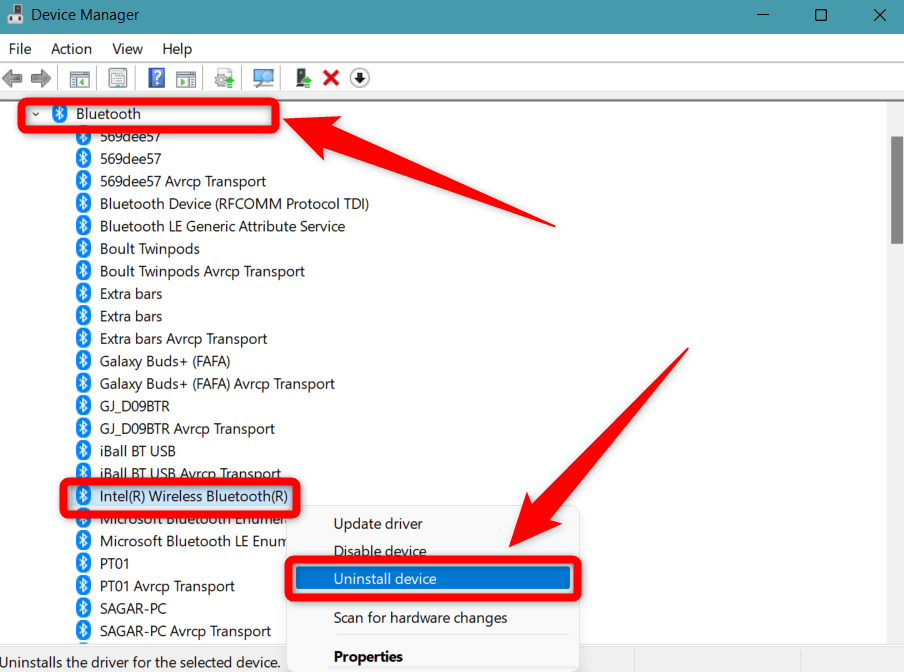 How to Fix Windows 11 Bluetooth File Transfer Not Working? 19 Uninstall Device