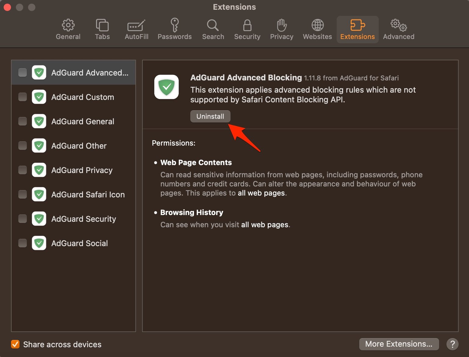 Uninstall Safari Extension