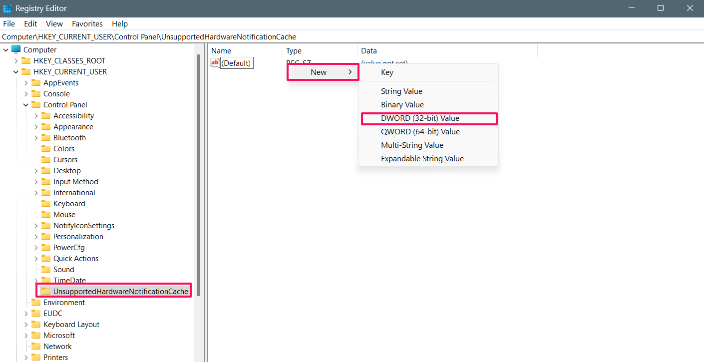 Choose the key and select DWORD (32-Bit) Value