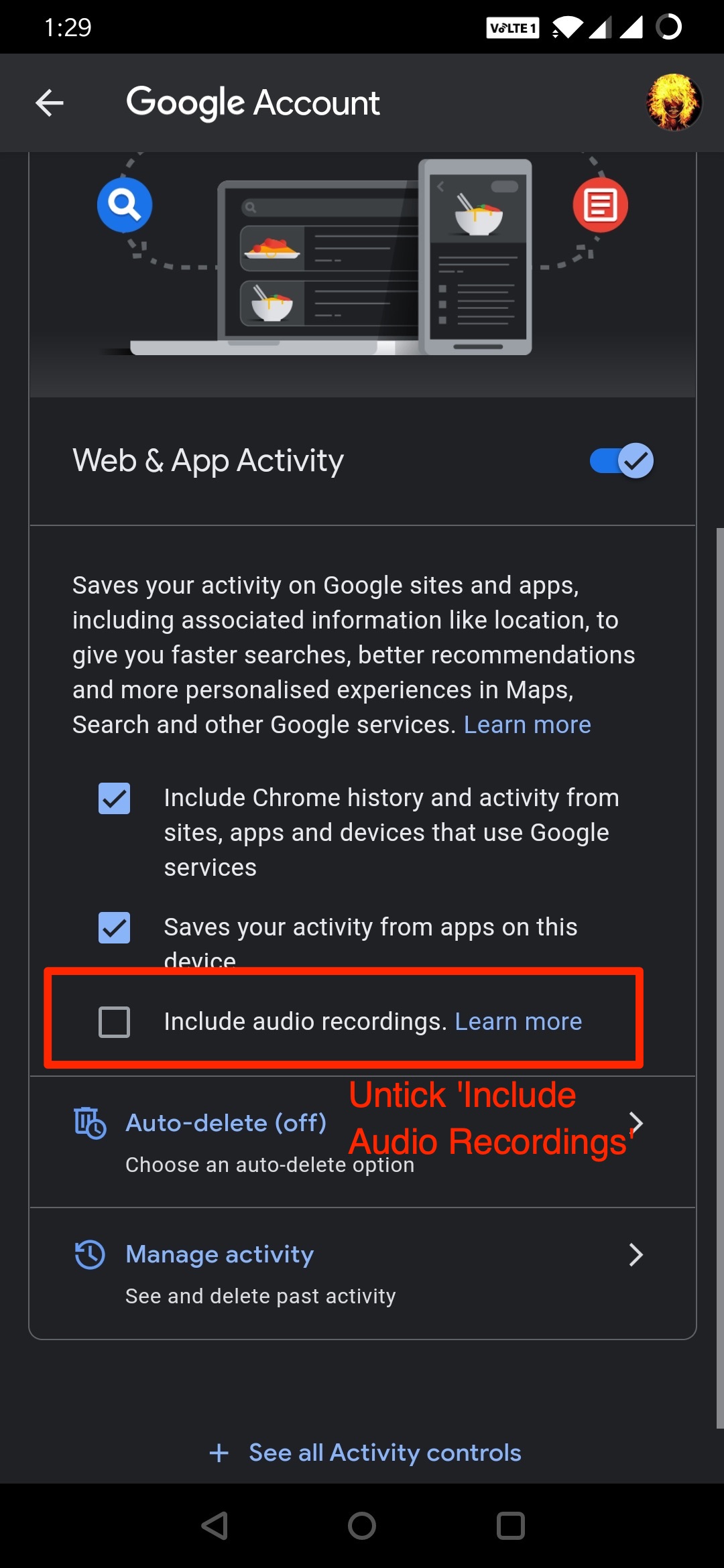 Fix 'App Cannot Record Now as Google is Recording' for Android 6 Untick 'Include Audio Recordings'