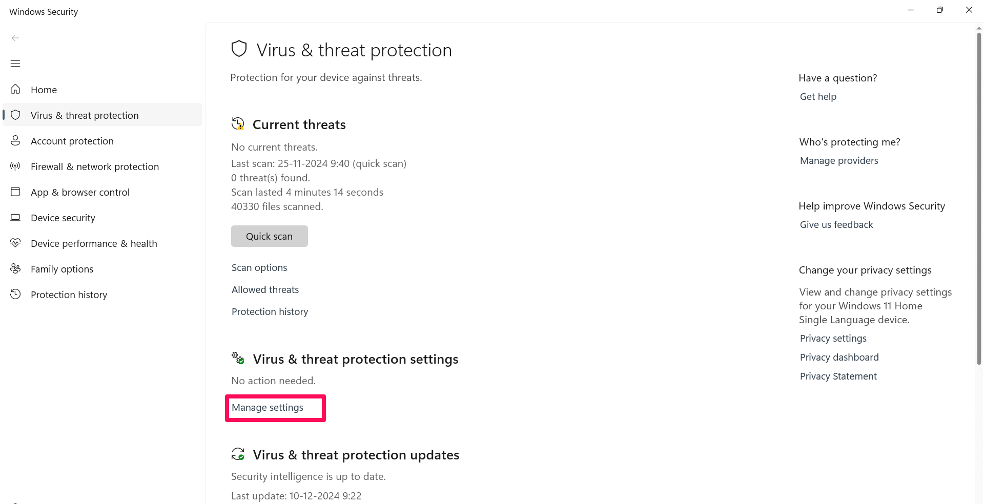 How to Permanently Disable Microsoft Defender Antivirus on Windows 11 4 Click on Manage settings in the virus & threat protection