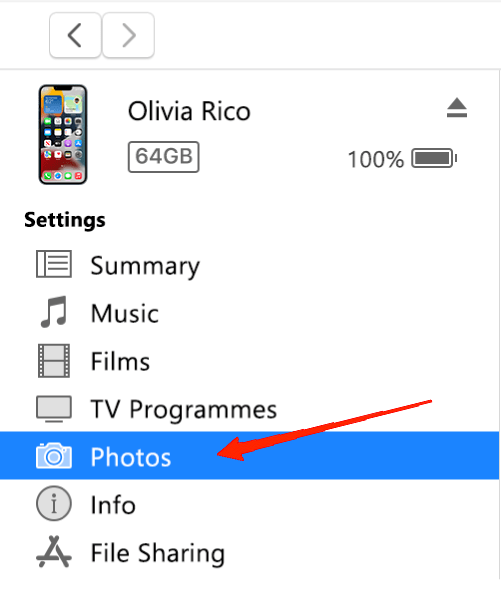 How to Transfer Local iPhone Photos and Videos to Windows PC? 5 Wait for iTunes to detect your iPhone. Once it does, click on the photos section present in the left pane.