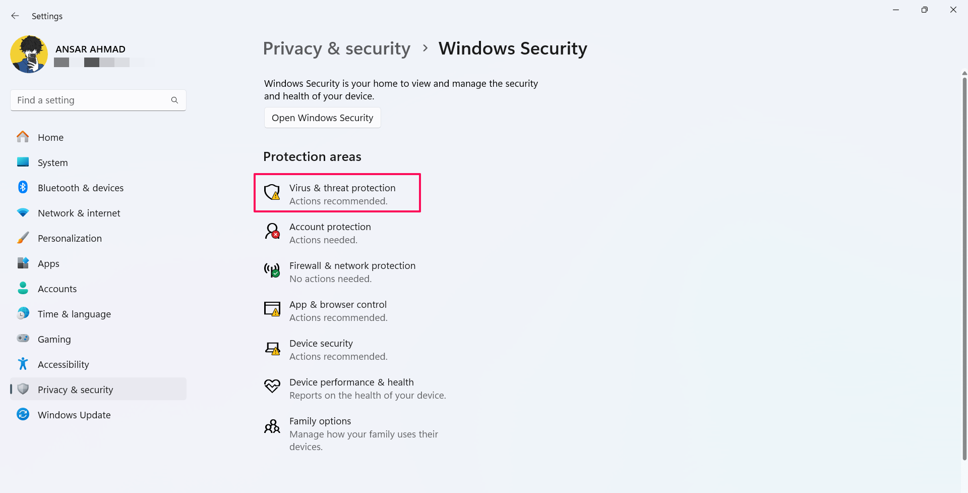 Click on Virus & threat protection