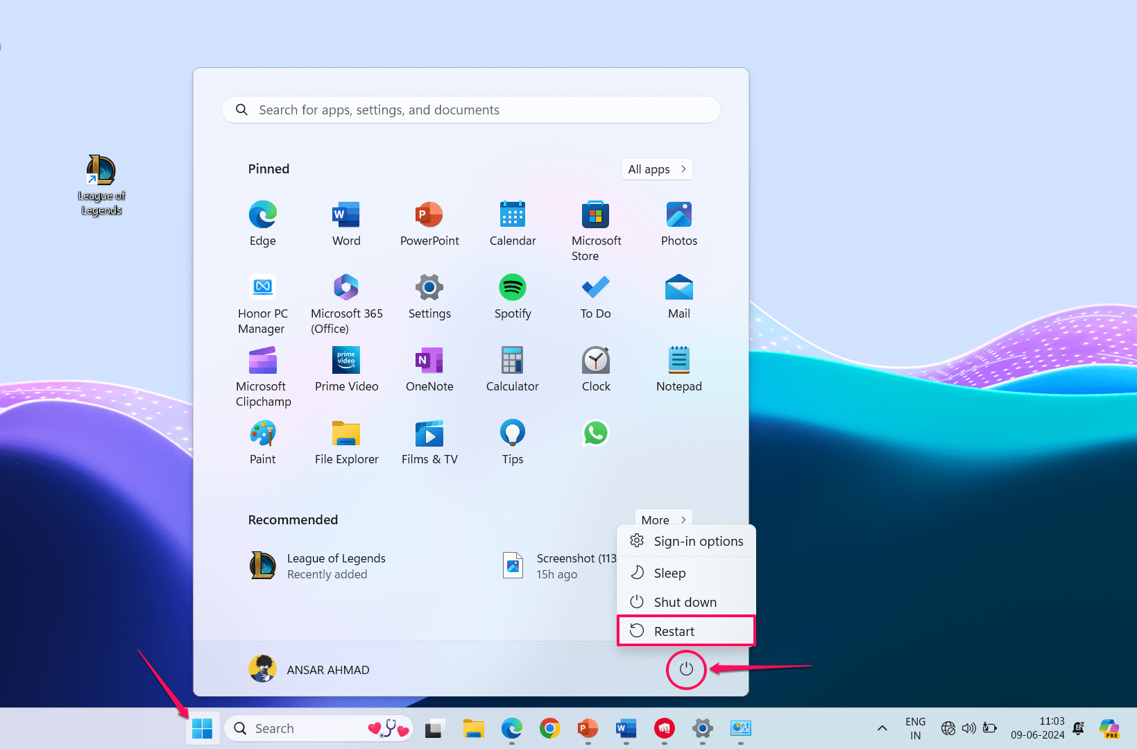 Click on Restart button in the start menu