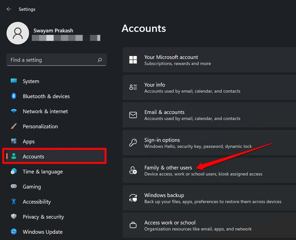 Windows account settings