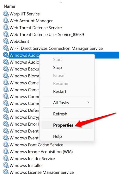 Windows audio services properties