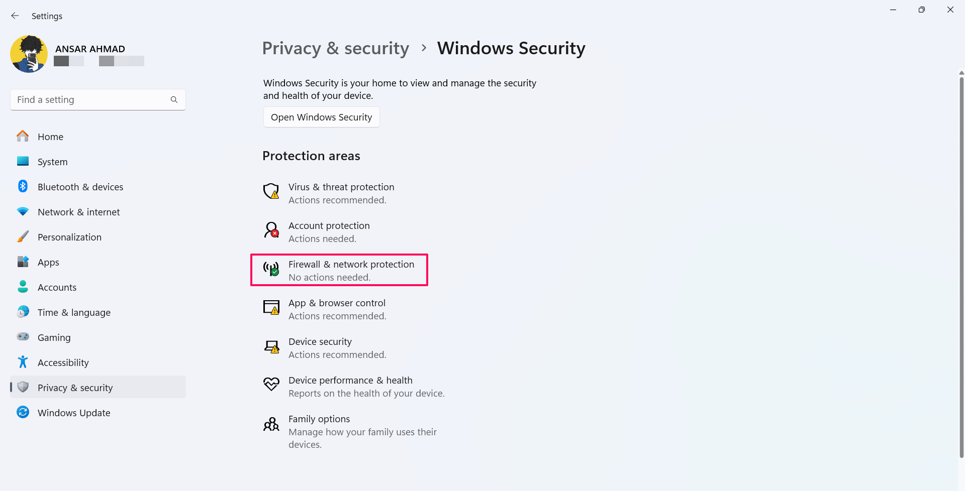 Click on Firewall & network protection