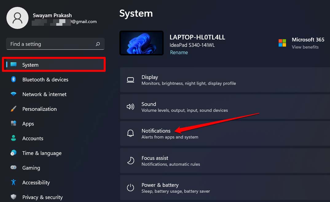 Windows system notification settings