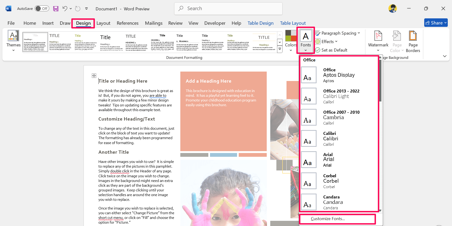 How to Create a Custom Color Set and Theme in MS Word 11 Click on Fonts drop down menu and select the desired font