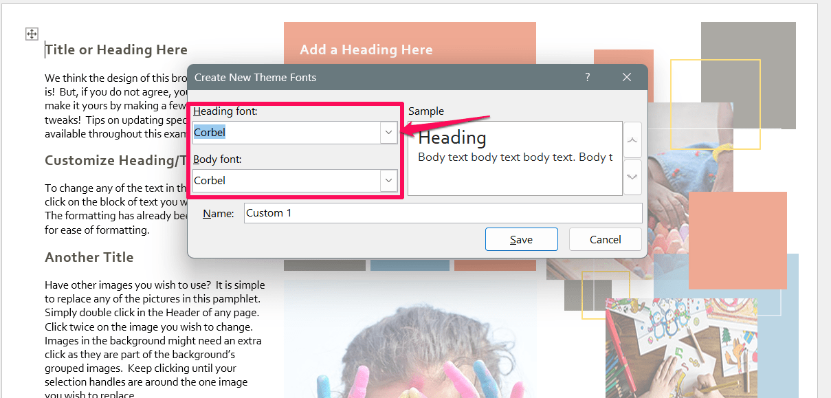 How to Create a Custom Color Set and Theme in MS Word 12 Click on Heading font and Body font drop down menu to select the font