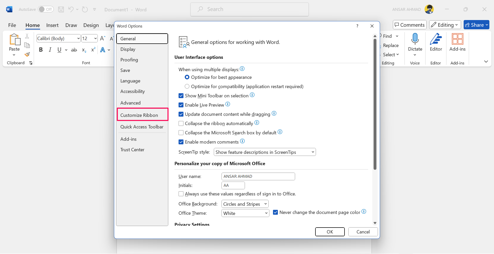 How to Add Checkboxes to Word Document 3 Click on Customize Ribbon