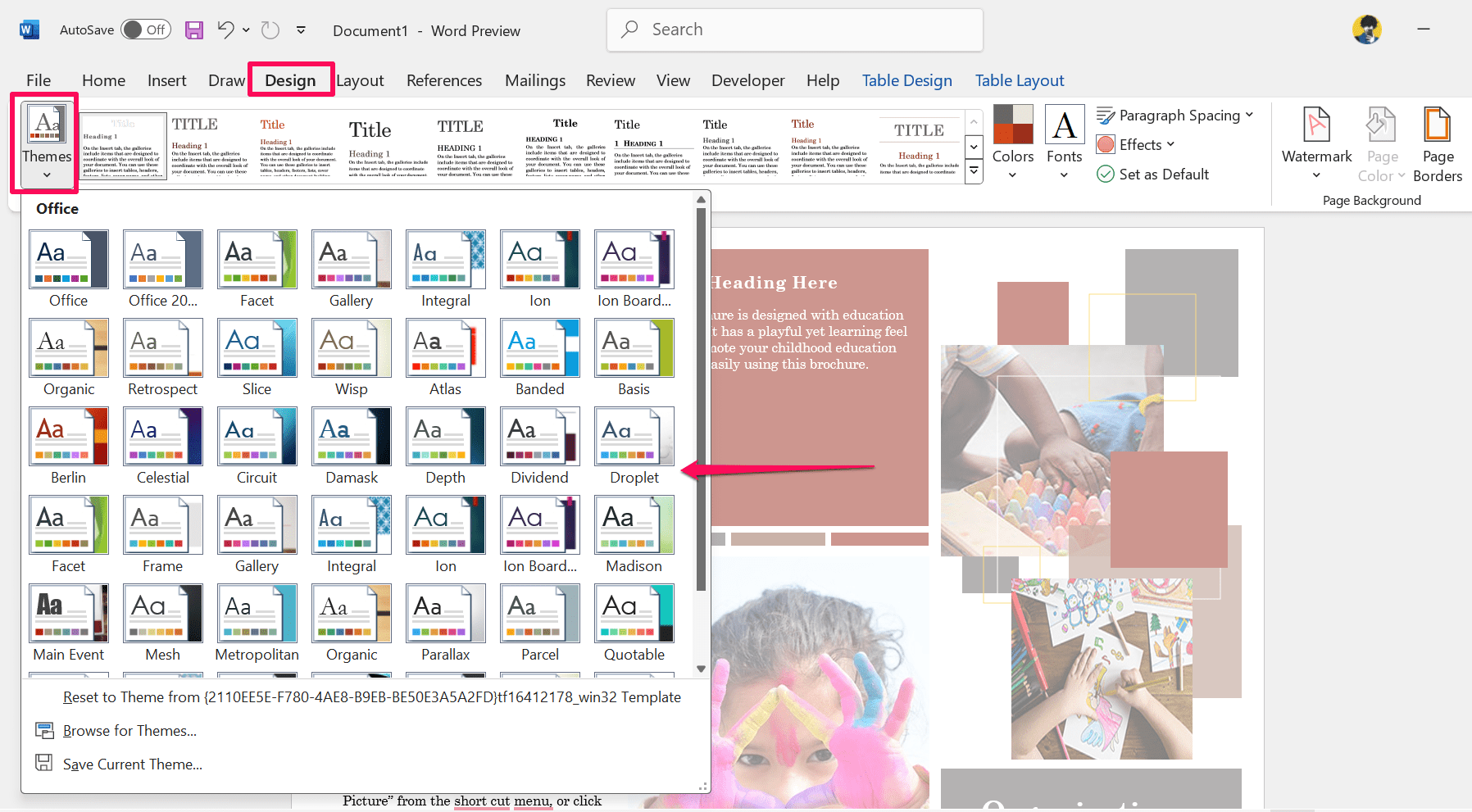 How to Create a Custom Color Set and Theme in MS Word 8 Click on Themes drop-down menu and select the theme you want to apply