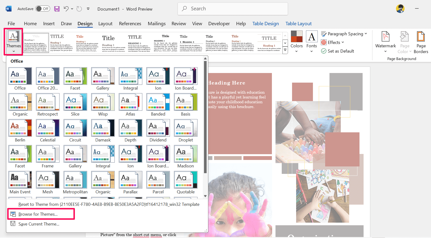 How to Create a Custom Color Set and Theme in MS Word 9 Click on Browse for themes option