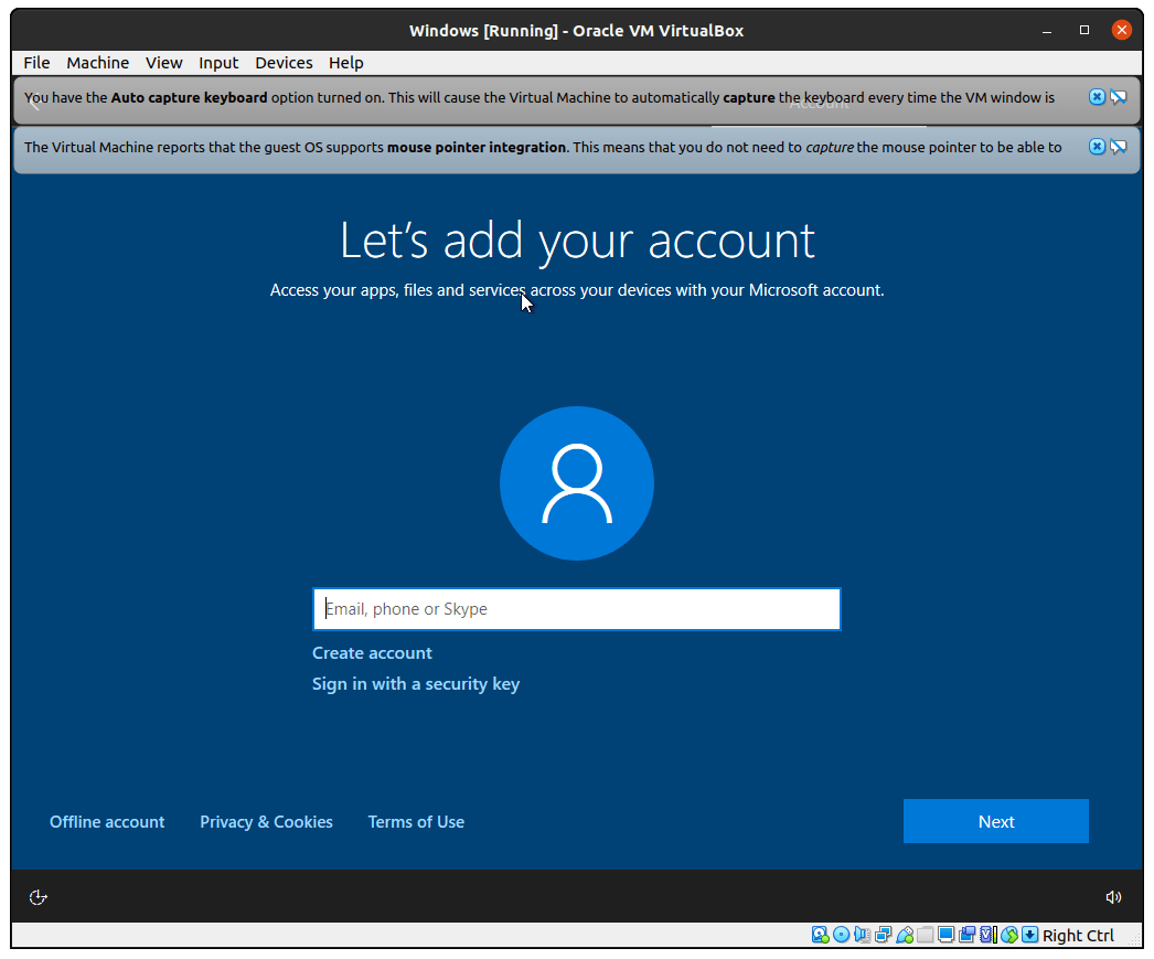 How to Run and Use Windows 10 in Linux PC? 36 You can sign in to Windows 10 using a Microsoft account or click on “Offline Account” to continue. I prefer “Offline Account” as you get full control over the desktop