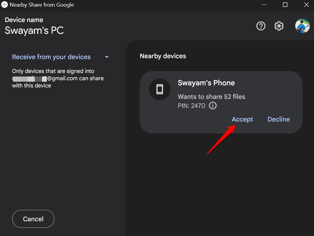 accept nearby share request from android phone