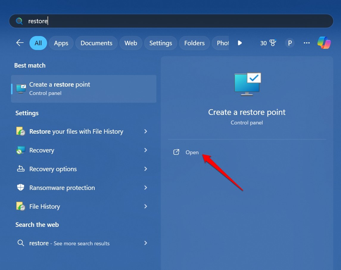 How to Create a Restore Point in Windows 11 2 access restore point creation in Windows 11