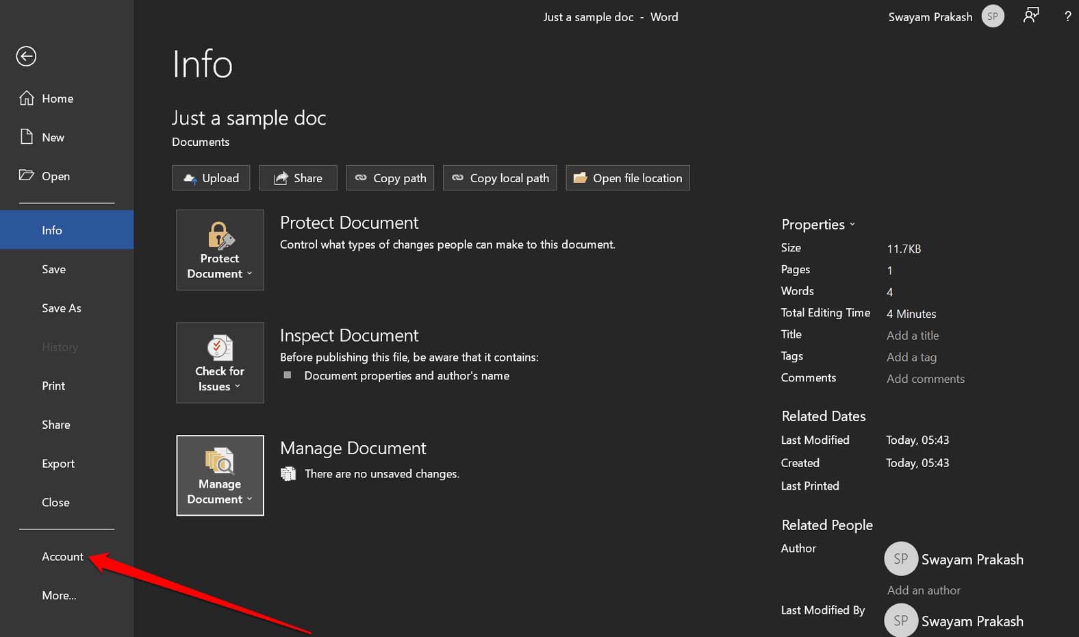 account settings for Word file