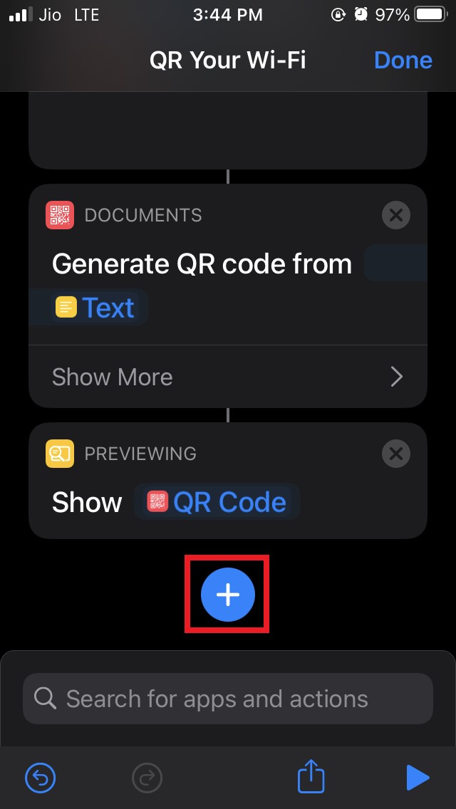 Share WiFi Password With QR Code from iPhone Using Shortcut 8 add action to the shortcut