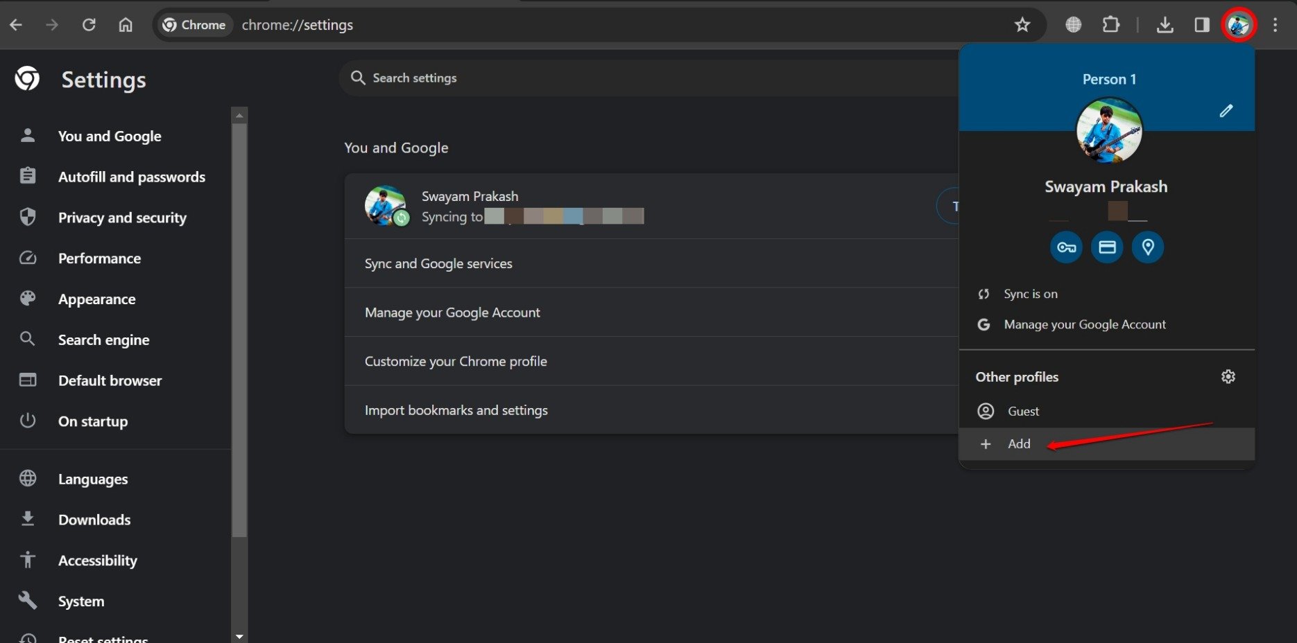 add new user profile in Chrome browser