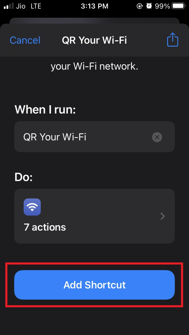 Share WiFi Password With QR Code from iPhone Using Shortcut 5 add shortcut qr your wifi
