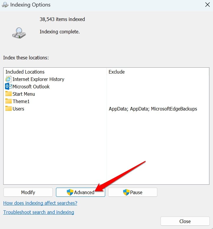 How to Fix Unable to Type in Search Bar for Windows 11 10 advanced indexing options