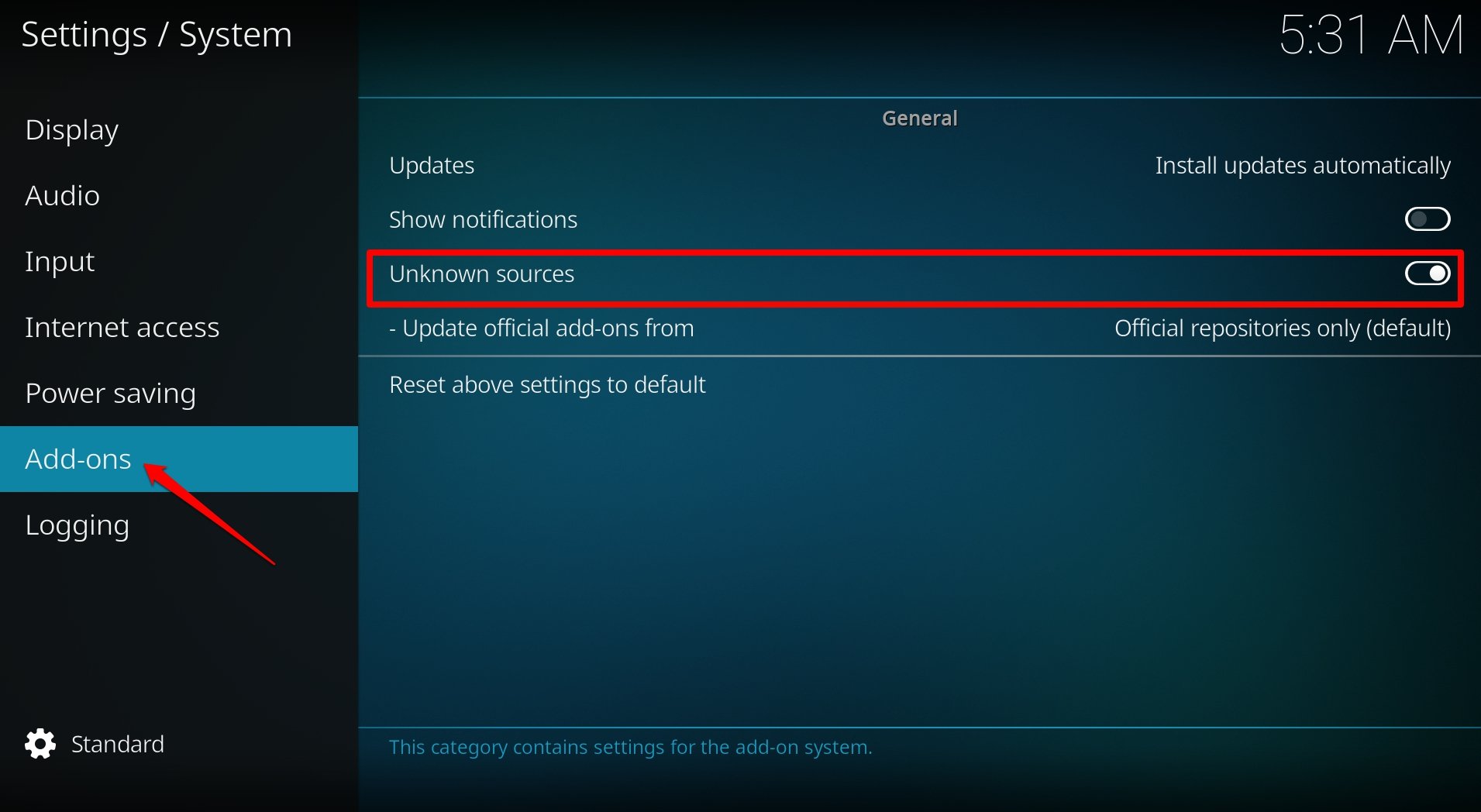 allow installing Kodi addon from unknown sources